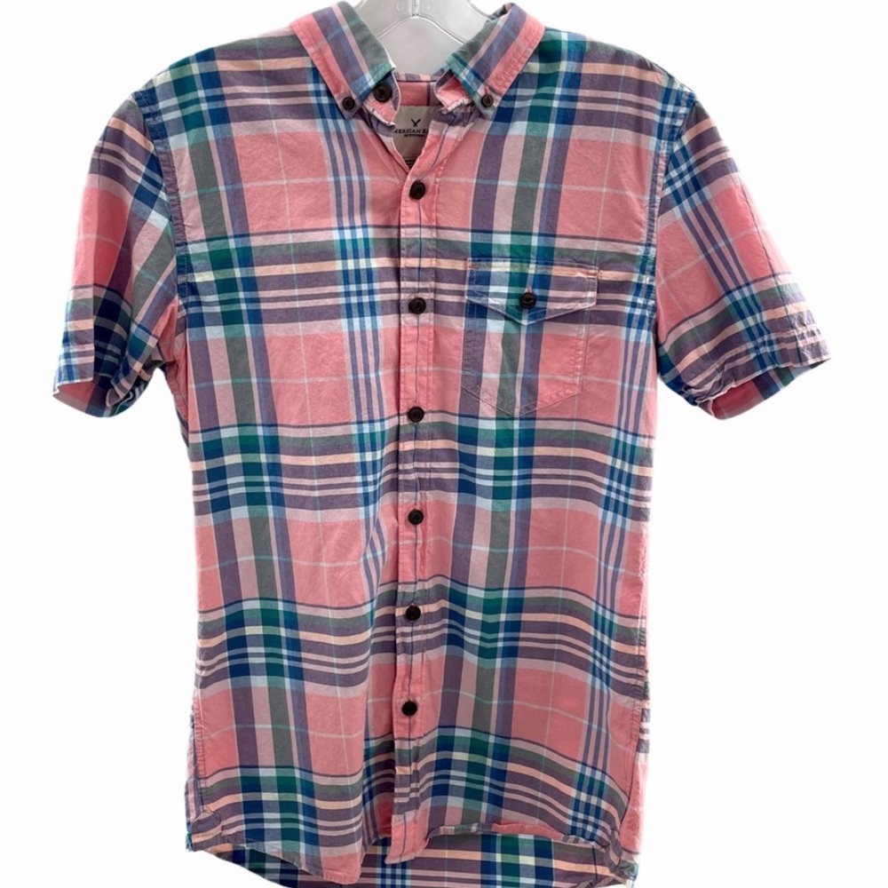 American Eagle Plaid Button Down Short Sleeves Shirt Size XS